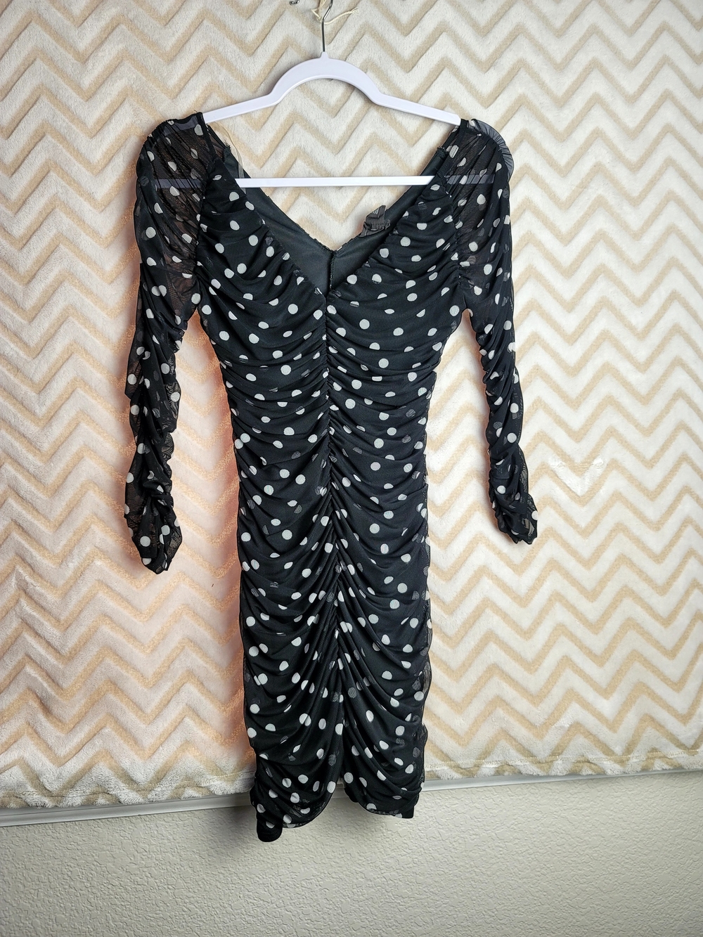 free press Black Polka Dot Ruched Long Sleeve Sheath Dress